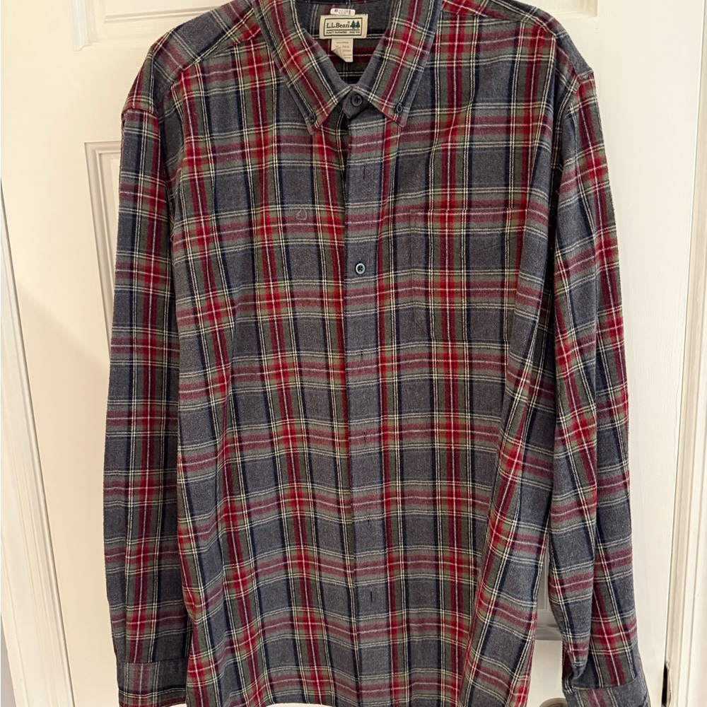 L.L. Bean Red and Gray Plaid Button Down Flannel
